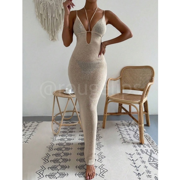 Beige Knit Coverup Dress Tie Straps Long Form Fitting Maxi Deep V-Cut - Picture 4 of 11